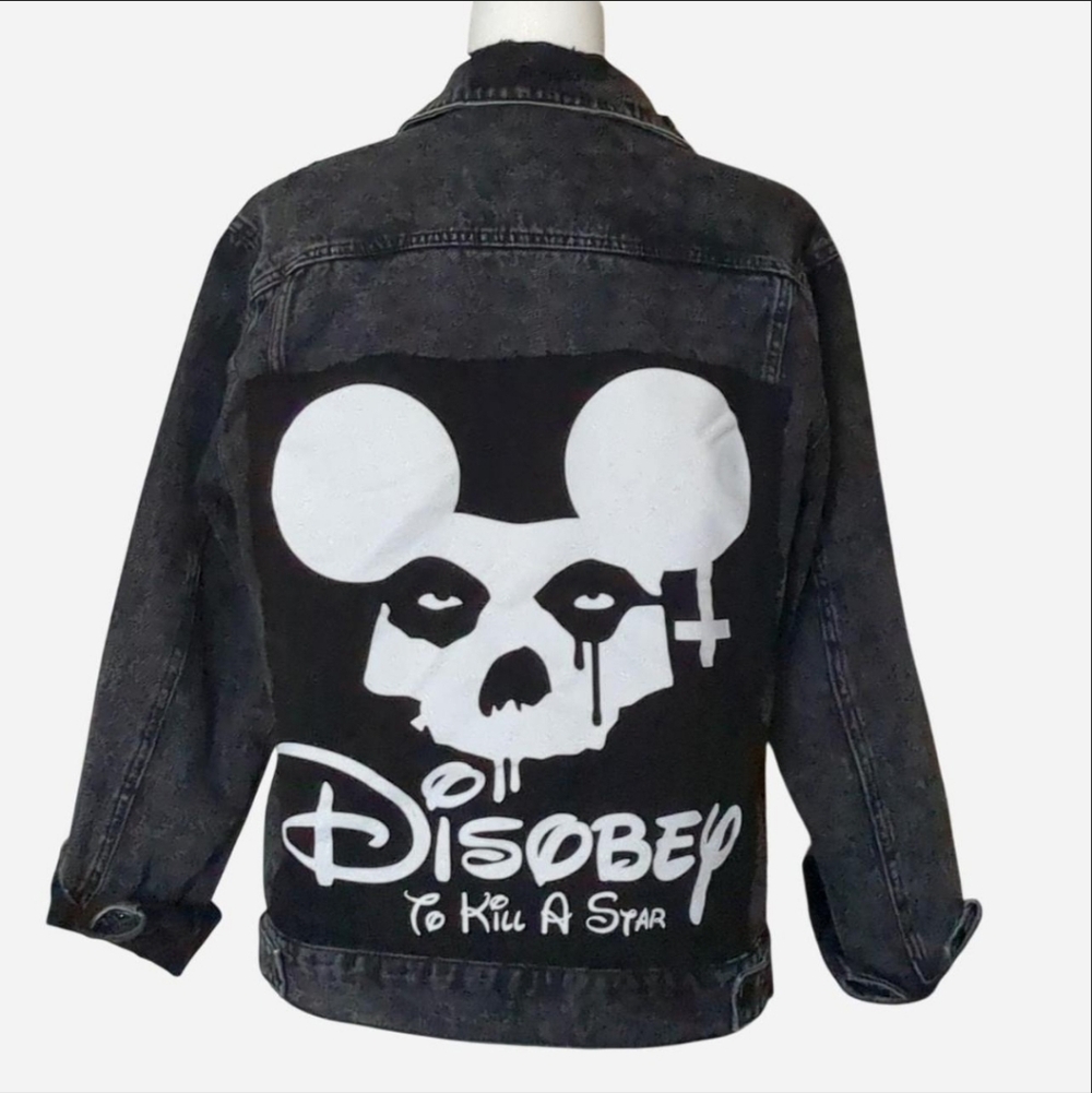 🔥 RARE Disney "DISOBEY" Custom Denim Jacket Grunge/Punk Aesthetic S
